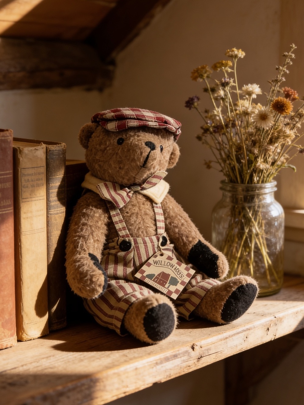 Willow House Rustic Teddy Bear Plush With Overalls & Hat - Farmhouse Decor